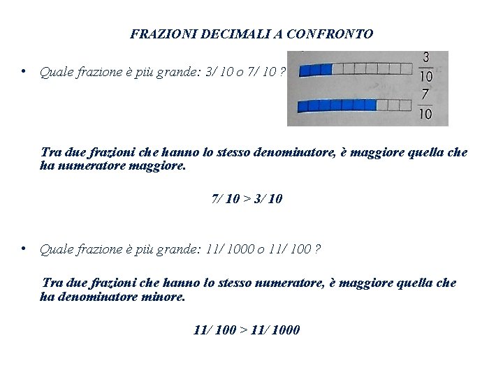 FRAZIONI DECIMALI A CONFRONTO • Quale frazione è più grande: 3/ 10 o 7/