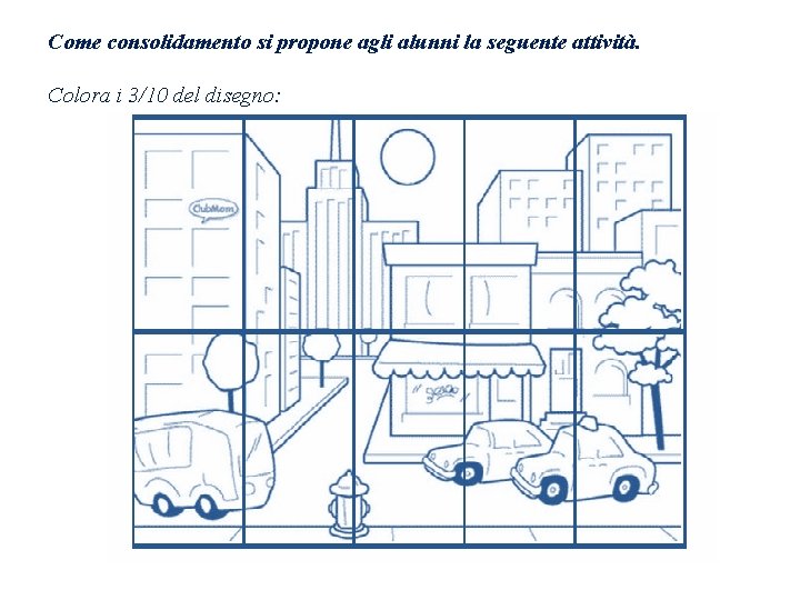 Come consolidamento si propone agli alunni la seguente attività. Colora i 3/10 del disegno: