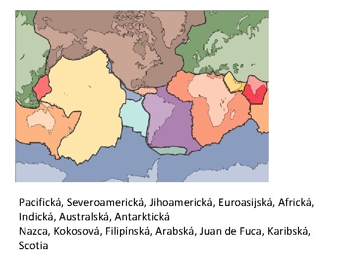 Pacifická, Severoamerická, Jihoamerická, Euroasijská, Africká, Indická, Australská, Antarktická Nazca, Kokosová, Filipínská, Arabská, Juan de