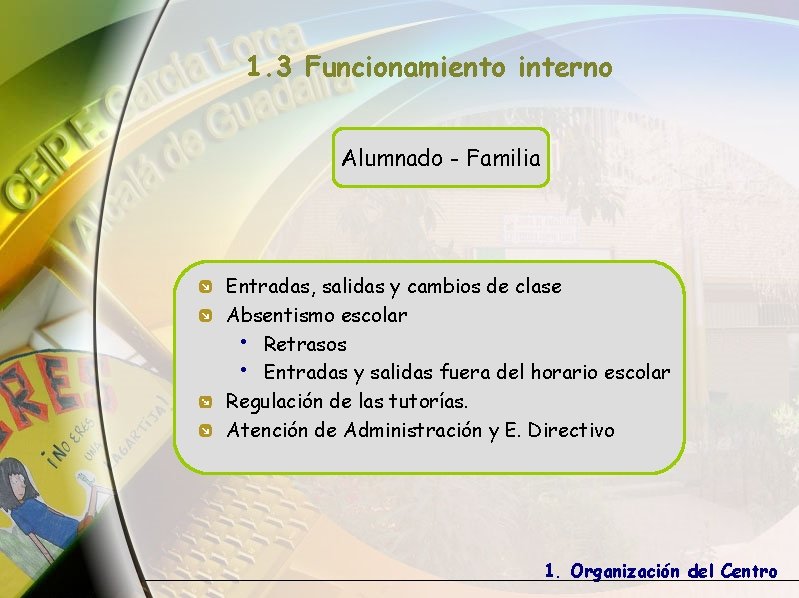 1. 3 Funcionamiento interno Alumnado - Familia Entradas, salidas y cambios de clase Absentismo 1. 3 Funcionamiento interno Alumnado - Familia Entradas, salidas y cambios de clase Absentismo