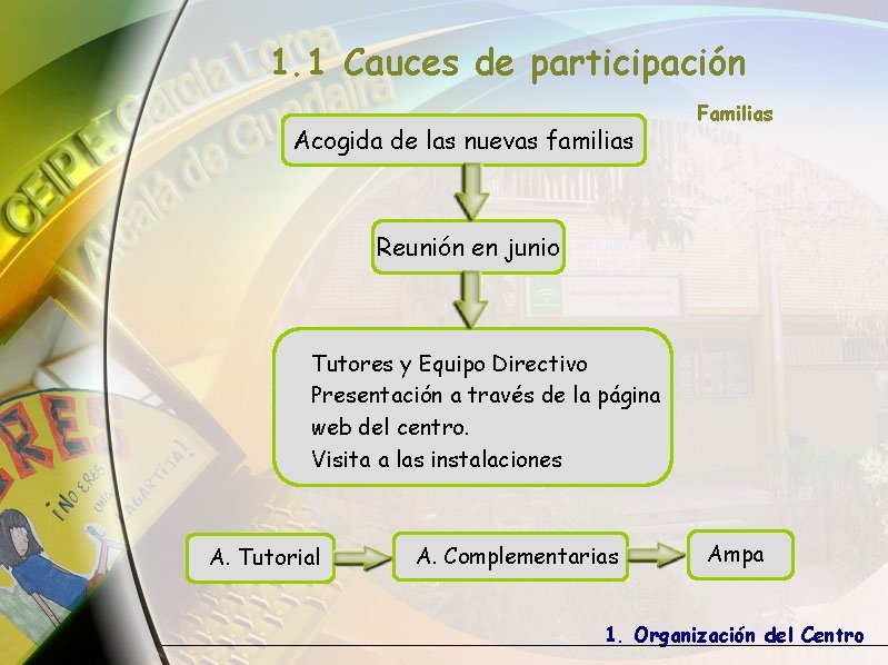 1. 1 Cauces de participación Acogida de las nuevas familias Familias Reunión en junio