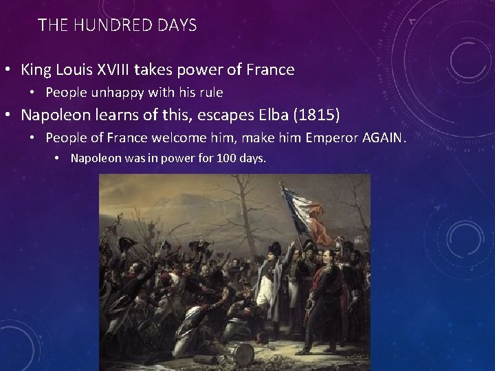 THE HUNDRED DAYS • King Louis XVIII takes power of France • People unhappy