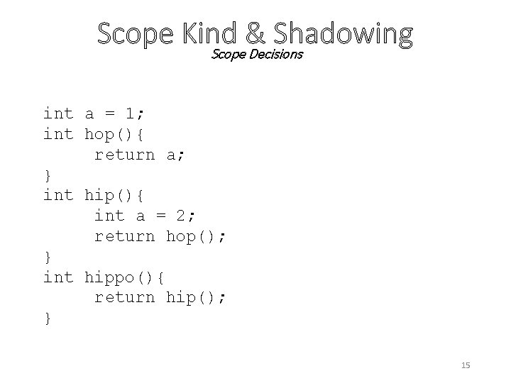 Scope Kind & Shadowing Scope Decisions int a = 1; int hop(){ return a;