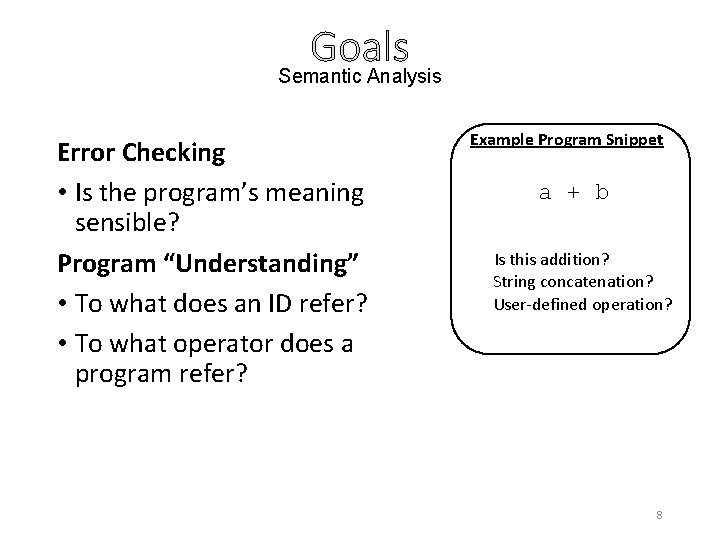 Goals Semantic Analysis Error Checking • Is the program’s meaning sensible? Program “Understanding” •