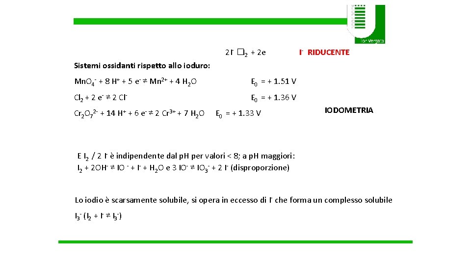 2 I- � I 2 + 2 e I- RIDUCENTE Sistemi ossidanti rispetto allo 2 I- � I 2 + 2 e I- RIDUCENTE Sistemi ossidanti rispetto allo
