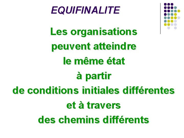 EQUIFINALITE Les organisations peuvent atteindre le même état à partir de conditions initiales différentes EQUIFINALITE Les organisations peuvent atteindre le même état à partir de conditions initiales différentes