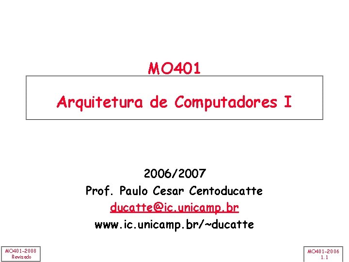 MO 401 Arquitetura de Computadores I 2006/2007 Prof. Paulo Cesar Centoducatte@ic. unicamp. br www.