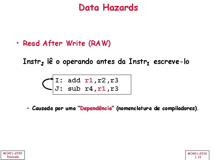 Data Hazards • Read After Write (RAW) Instr. J lê o operando antes da