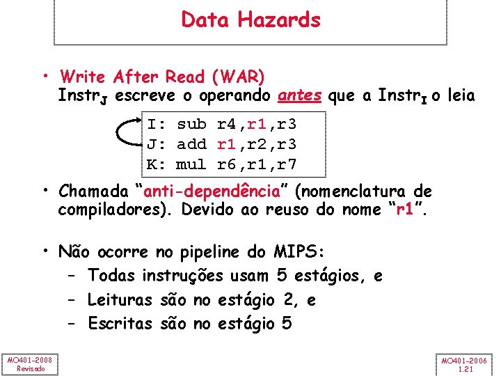 Data Hazards • Write After Read (WAR) Instr. J escreve o operando antes que