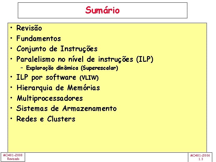 Sumário • • Revisão Fundamentos Conjunto de Instruções Paralelismo no nível de instruções (ILP)