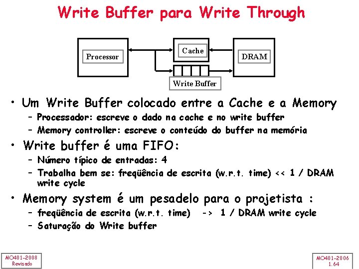 Write Buffer para Write Through Cache Processor DRAM Write Buffer • Um Write Buffer