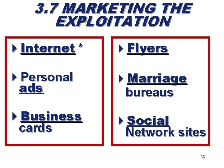 3. 7 MARKETING THE EXPLOITATION 4 Internet * 4 Flyers 4 Personal ads 4