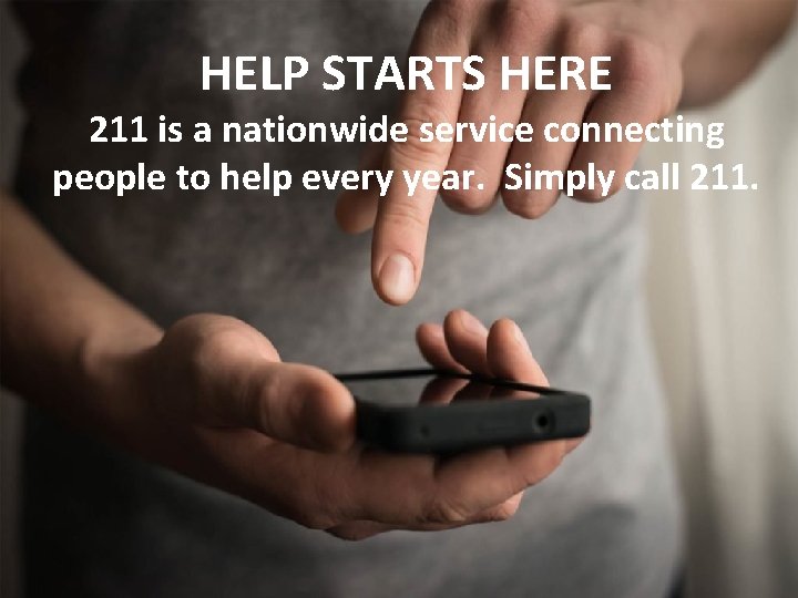 HELP STARTS HERE 211 is a nationwide service connecting people to help every year. HELP STARTS HERE 211 is a nationwide service connecting people to help every year.