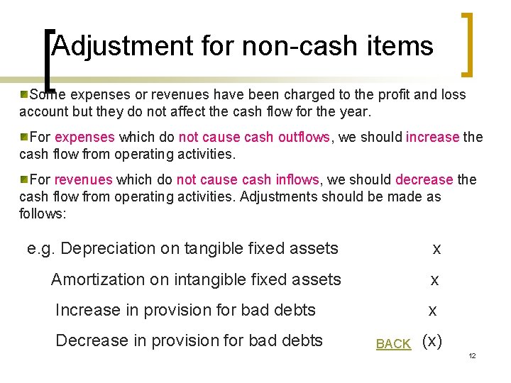 Adjustment for non-cash items Some expenses or revenues have been charged to the profit