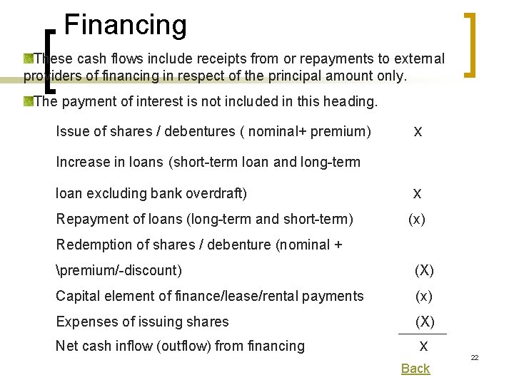 Financing These cash flows include receipts from or repayments to external providers of financing