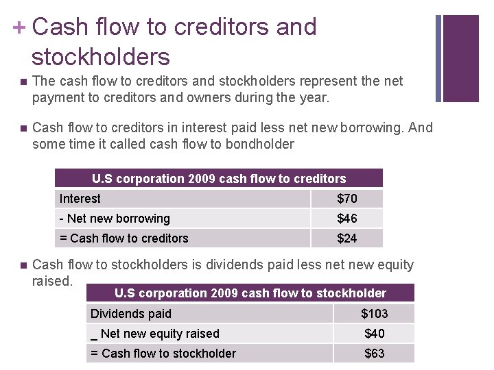 + Cash flow to creditors and stockholders n The cash flow to creditors and