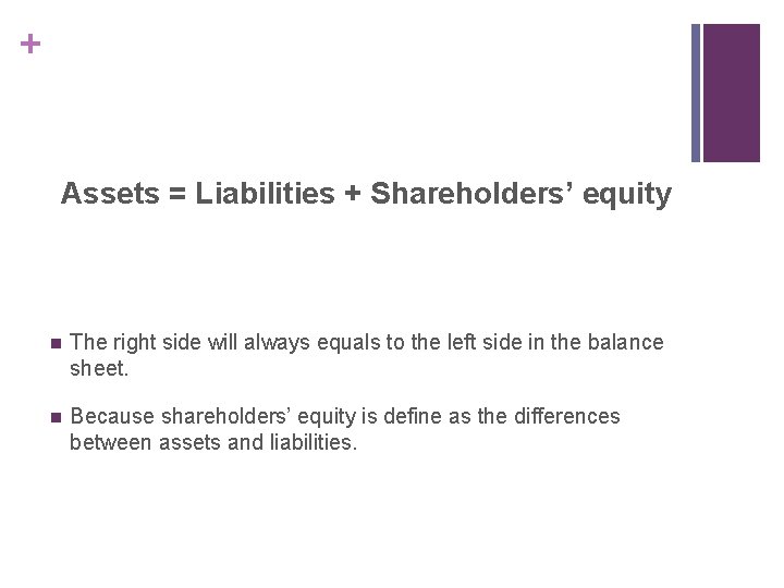 + Assets = Liabilities + Shareholders’ equity n The right side will always equals