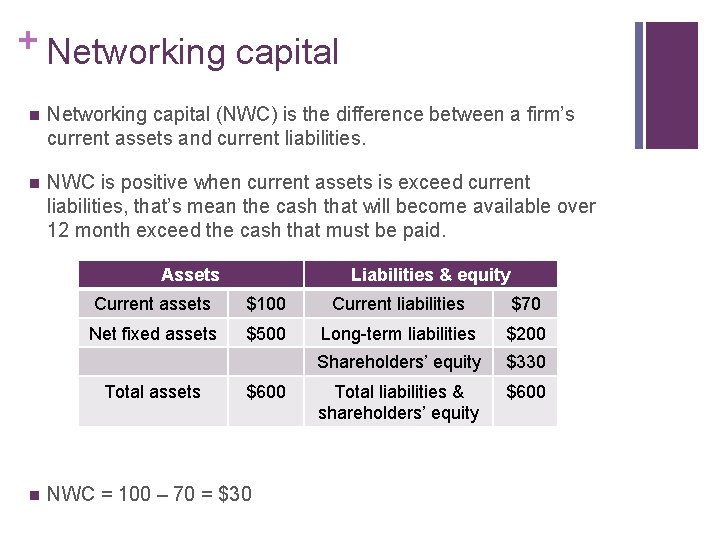 + Networking capital n Networking capital (NWC) is the difference between a firm’s current