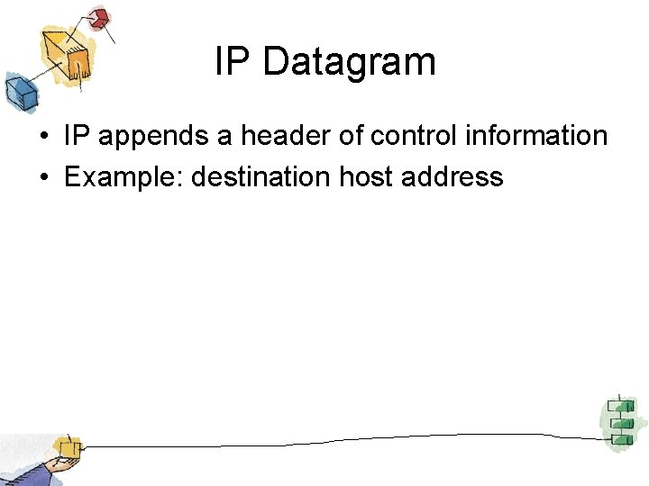 IP Datagram • IP appends a header of control information • Example: destination host