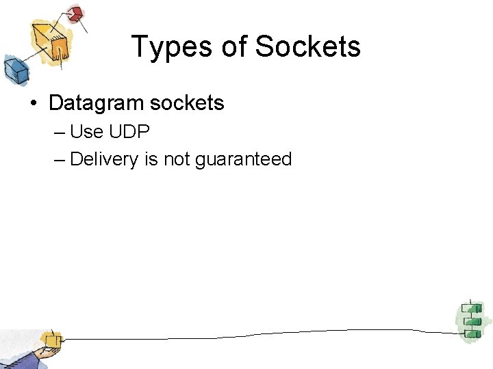 Types of Sockets • Datagram sockets – Use UDP – Delivery is not guaranteed