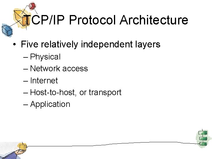 TCP/IP Protocol Architecture • Five relatively independent layers – Physical – Network access –