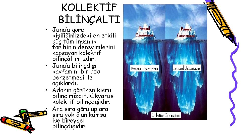 KOLLEKTİF BİLİNÇALTI • Jung’a göre kişiliğimizdeki en etkili güç tüm insanlık tarihinin deneyimlerini kapsayan