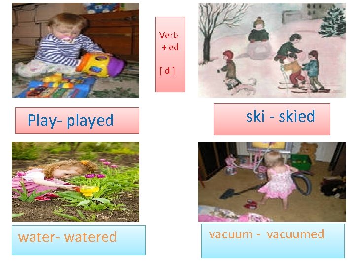 Verb + ed [d] Play- played water- watered ski - skied vacuum - vacuumed