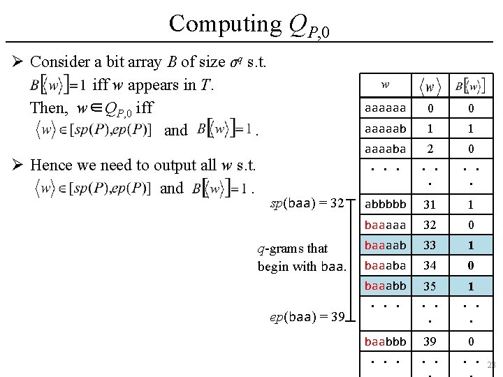 Computing QP, 0 Ø Consider a bit array B of size σq s. t.