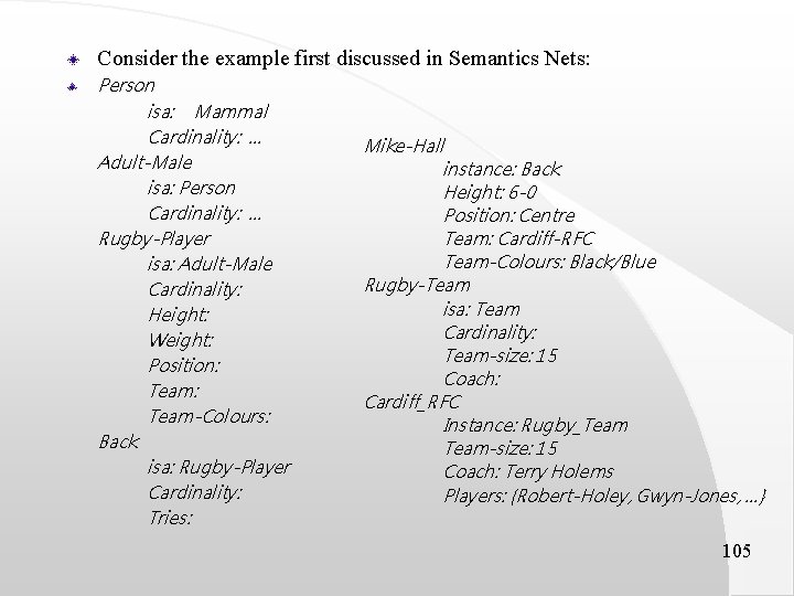 Consider the example first discussed in Semantics Nets: Person isa: Mammal Cardinality: … Adult-Male