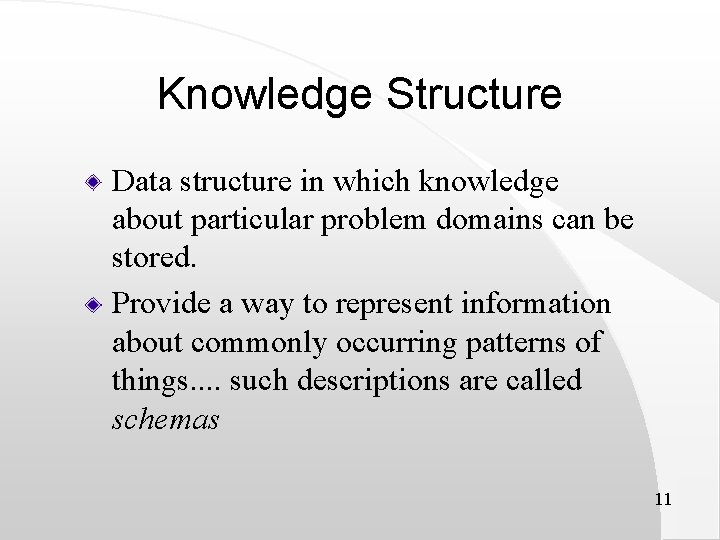 Knowledge Structure Data structure in which knowledge about particular problem domains can be stored.