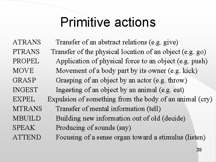 Primitive actions ATRANS Transfer of an abstract relations (e. g. give) PTRANS Transfer of