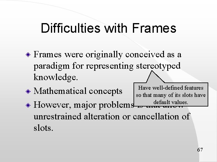 Difficulties with Frames were originally conceived as a paradigm for representing stereotyped knowledge. Have