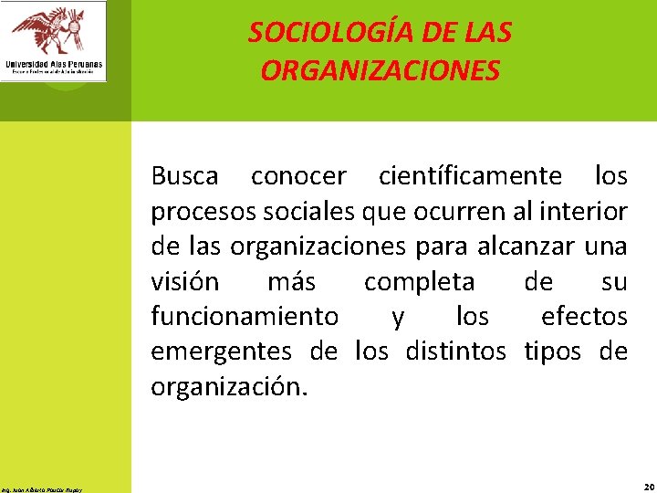 SOCIOLOGÍA DE LAS ORGANIZACIONES Busca conocer científicamente los procesos sociales que ocurren al interior