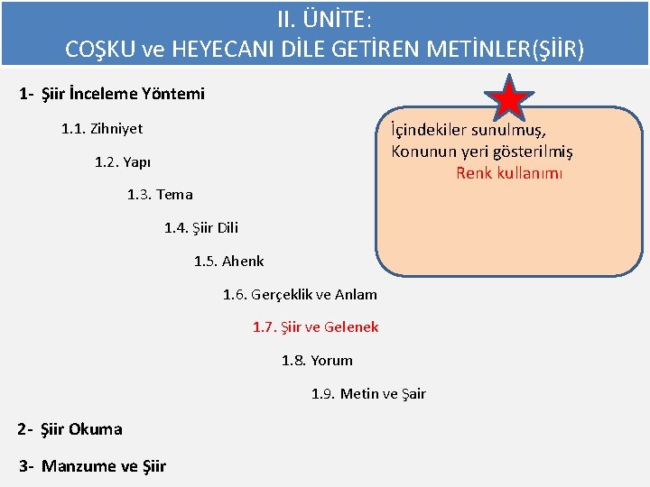 II. ÜNİTE: COŞKU ve HEYECANI DİLE GETİREN METİNLER(ŞİİR) 1 - Şiir İnceleme Yöntemi 1.