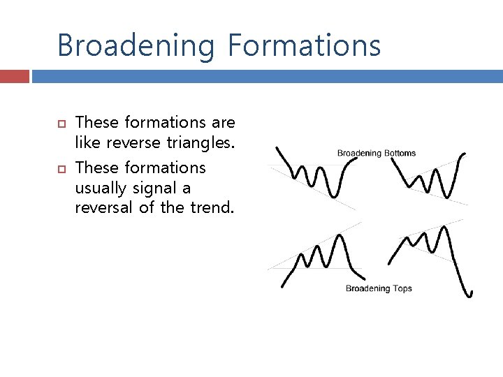 Broadening Formations These formations are like reverse triangles. These formations usually signal a reversal