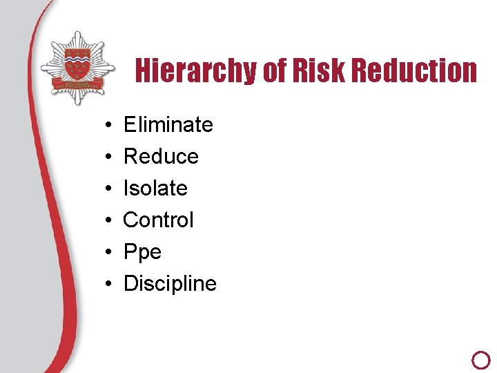 Hierarchy of Risk Reduction • • • Eliminate Reduce Isolate Control Ppe Discipline 
