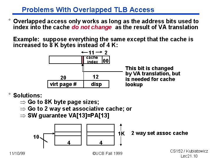 Problems With Overlapped TLB Access ° Overlapped access only works as long as the