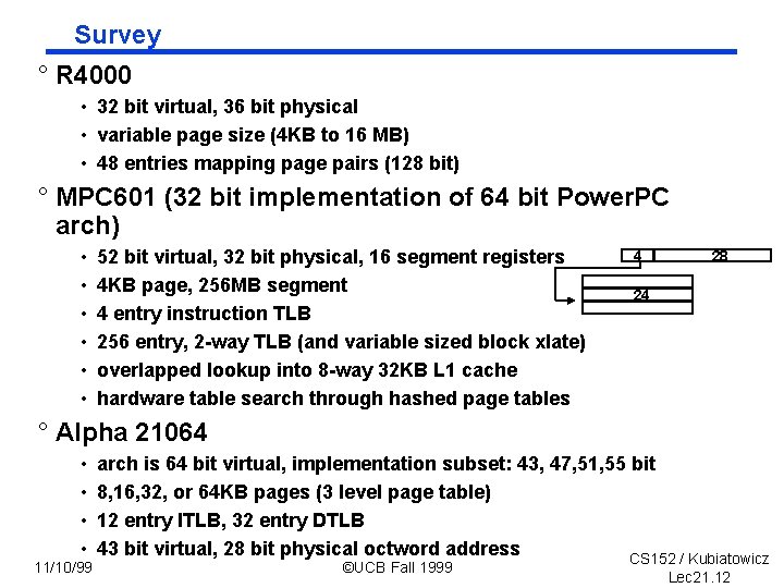 Survey ° R 4000 • 32 bit virtual, 36 bit physical • variable page