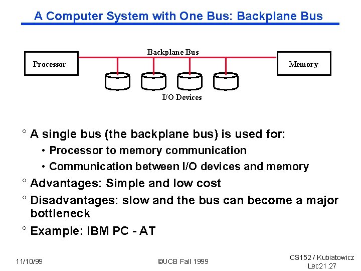 A Computer System with One Bus: Backplane Bus Processor Memory I/O Devices ° A