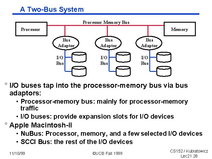 A Two-Bus System Processor Memory Bus Adaptor I/O Bus Adaptor I/O Bus ° I/O