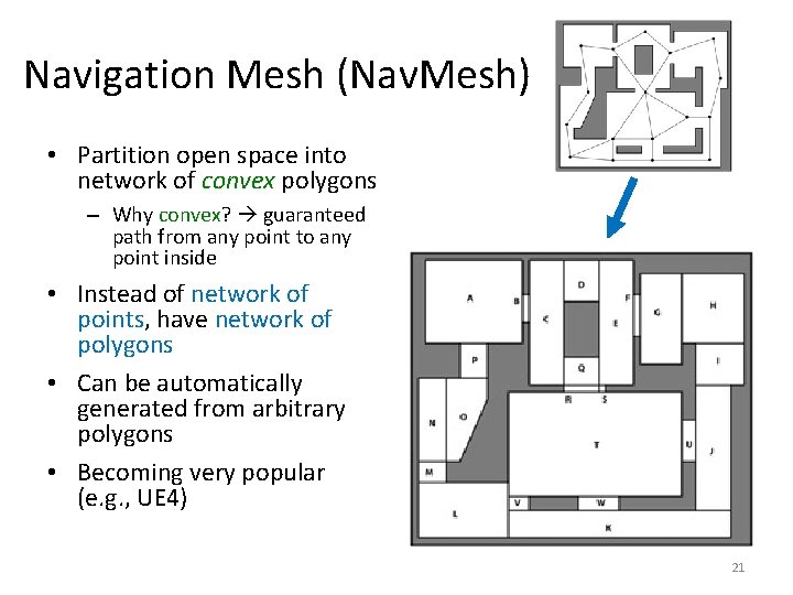 Navigation Mesh (Nav. Mesh) • Partition open space into network of convex polygons –