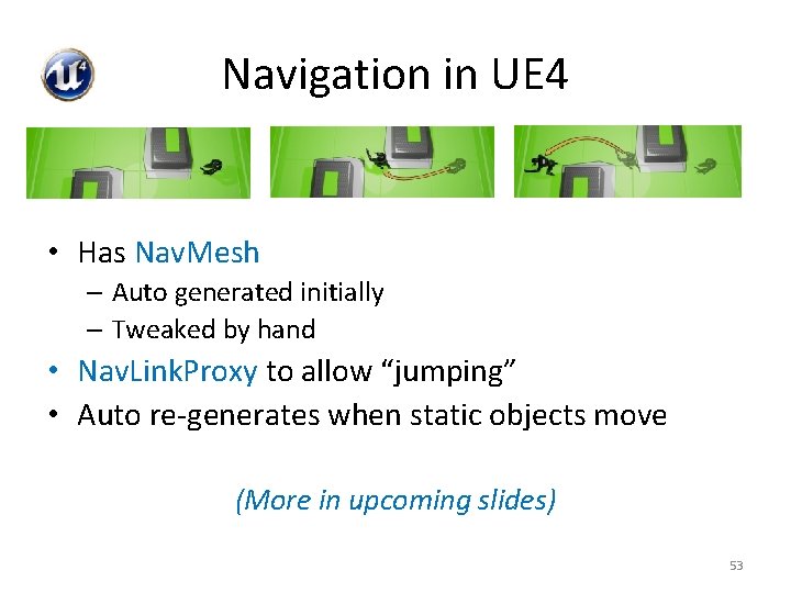 Navigation in UE 4 • Has Nav. Mesh – Auto generated initially – Tweaked