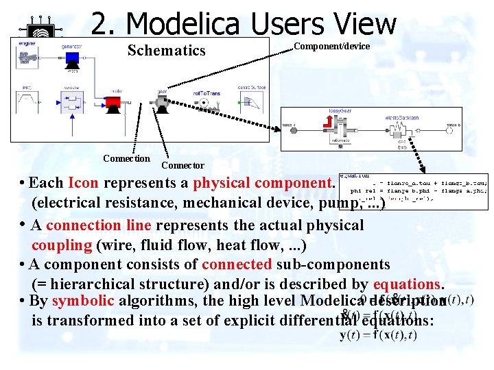2. Modelica Users View Schematics Connection Component/device Connector • Each Icon represents a physical