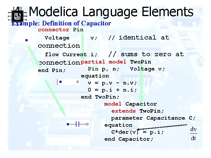 4. Modelica Language Elements Example: Definition of Capacitor connector Pin Voltage v; // identical