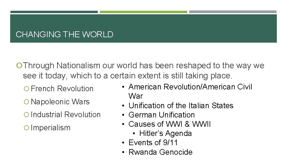 CHANGING THE WORLD Through Nationalism our world has been reshaped to the way we