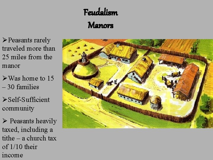 Feudalism Manors ØPeasants rarely traveled more than 25 miles from the manor ØWas home Feudalism Manors ØPeasants rarely traveled more than 25 miles from the manor ØWas home