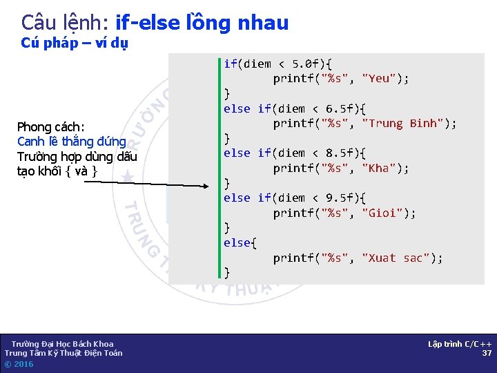 Câu lệnh: if-else lồng nhau Cú pháp – ví dụ Phong cách: Canh lề