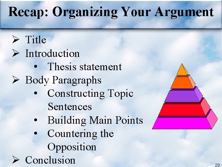 Recap: Organizing Your Argument Ø Title Ø Introduction • Thesis statement Ø Body Paragraphs