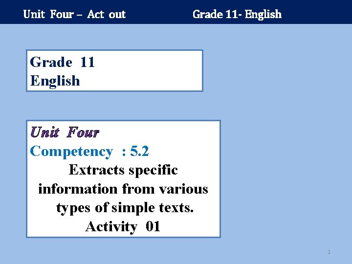 Unit Four – Act out Grade 11 - English Grade 11 English Unit Four