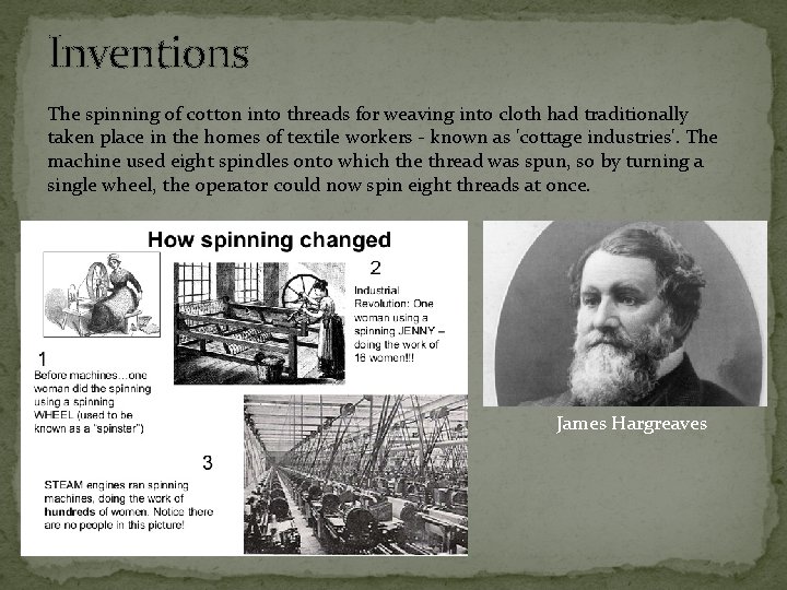 Inventions The spinning of cotton into threads for weaving into cloth had traditionally taken